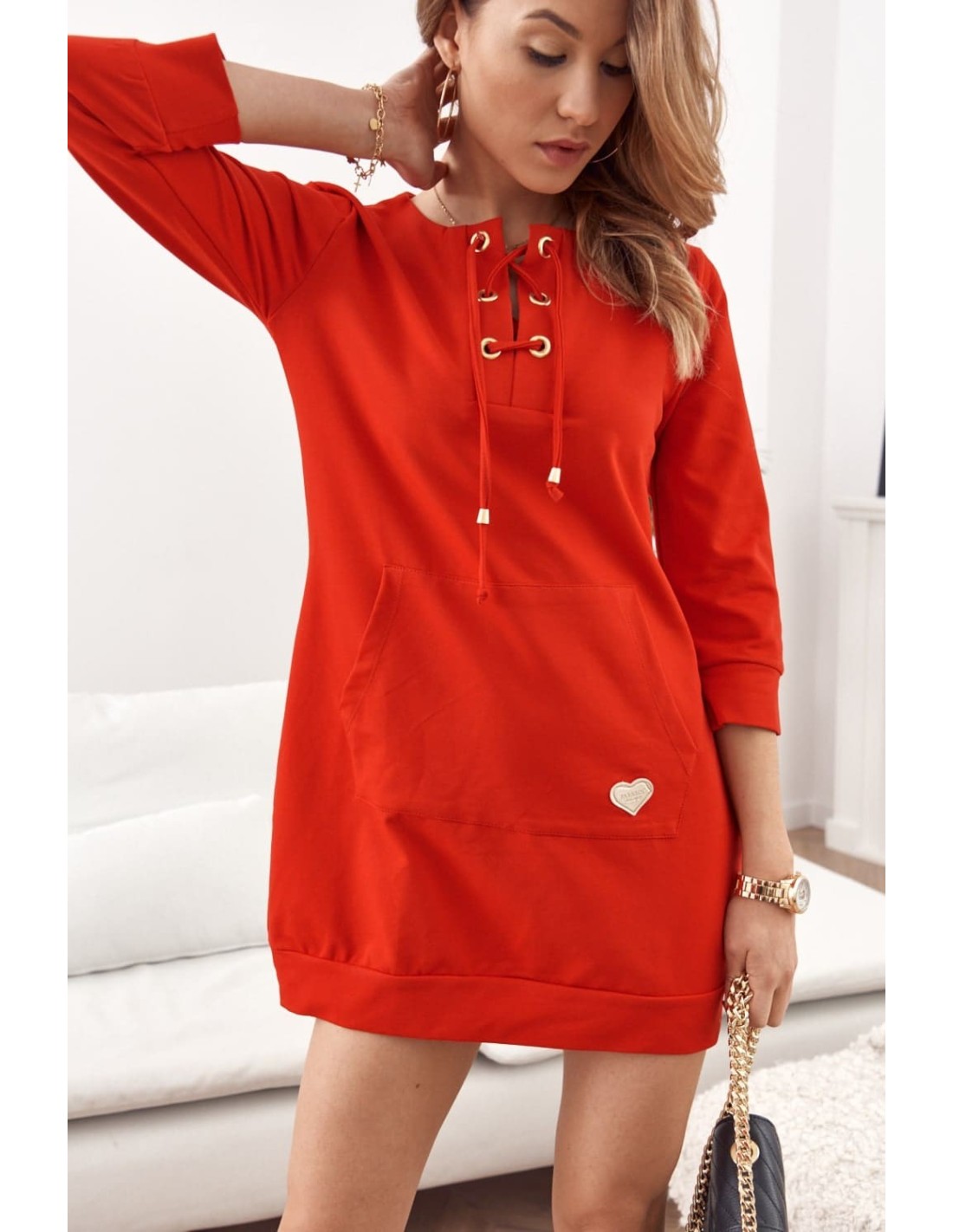 Dress/tunic with a tied neckline red FI600 - Online store - Boutique